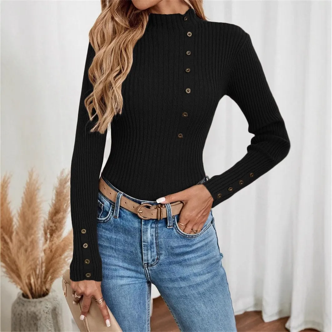 Элегантный женский свитер пуловер на пуговицах с длинными рукавами вязаные