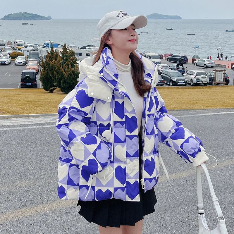 Winter Women's New 2022 Down Cotton Jacket Ladies Korean Version Loose Thickening Hooded Print Love Large Size Warm Winter Parka