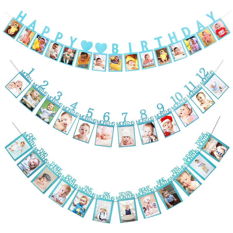 

Happy Birthday Photo Frame Banner for Family First Party Decorations Kids Baby Girl Boy My 1st One Year 12 Month Newborn Garland