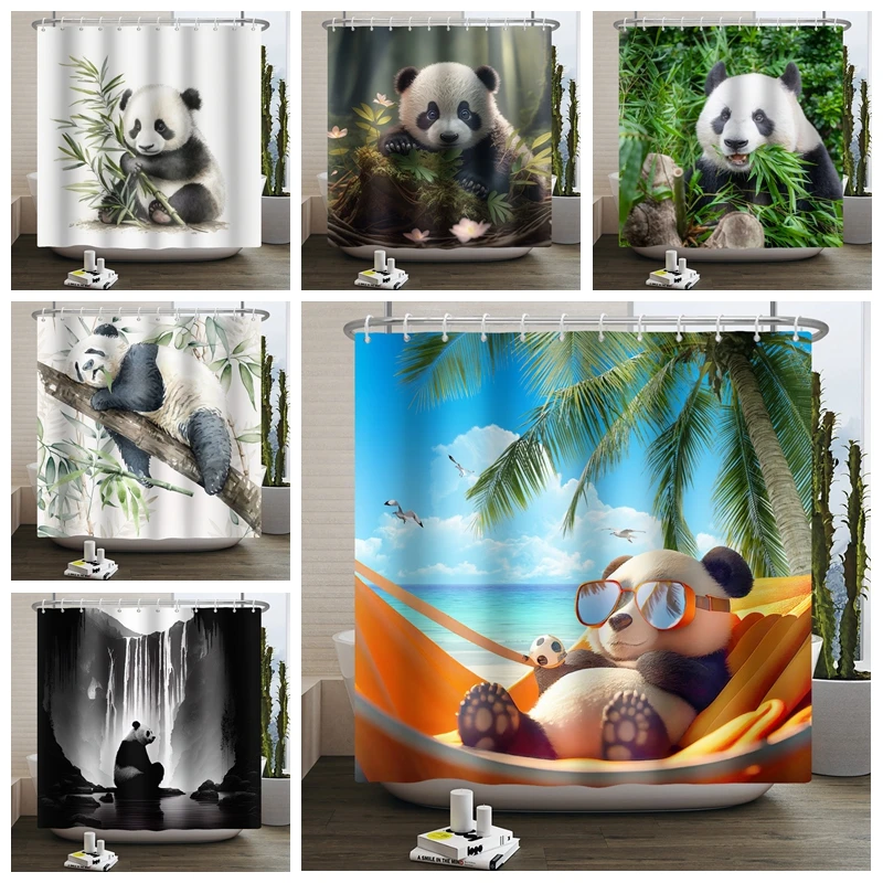 

Забавная душевая занавеска в виде панды, занавеска в ванную комнату с милыми животными, Бамбуковая занавеска для ванной с зелеными растениями 180x200, занавеска для душа, для ванной