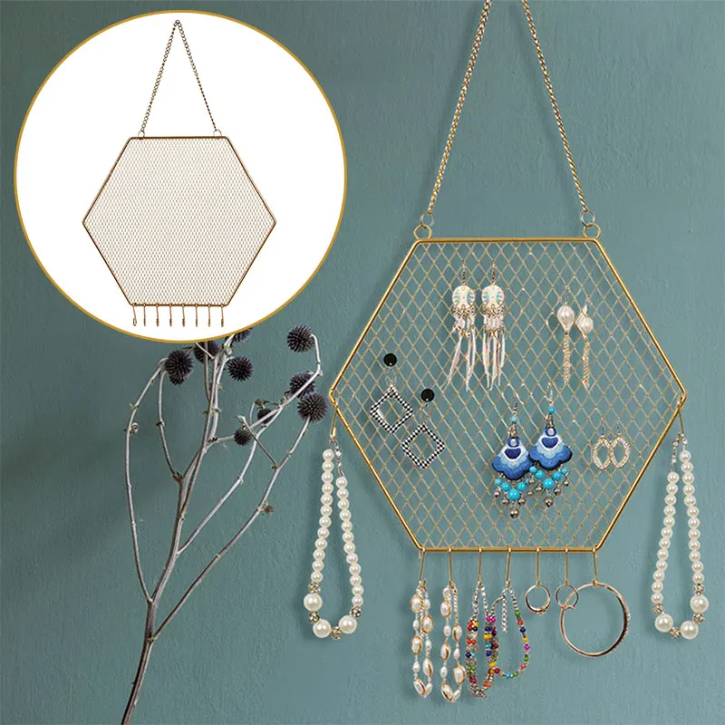

Hexagon Shaped Metal Grid Wall Shelf Earring Organizer Jewelry Holder Gold Ear Stud Display Rack for Bracelet Necklace Ring
