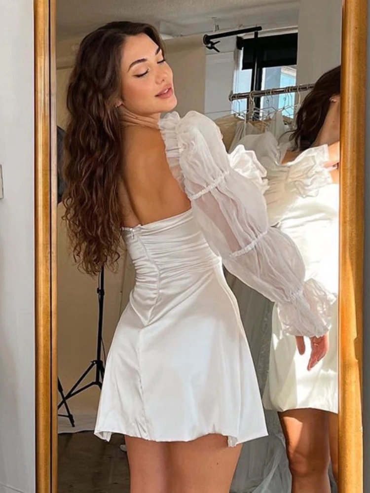 

Laxsesu Elegant Puff Sleeves Women Party Dress Strapless Backless Bodycon Mini Stain Dress 2023 Casual Women Clubwear Vestidos