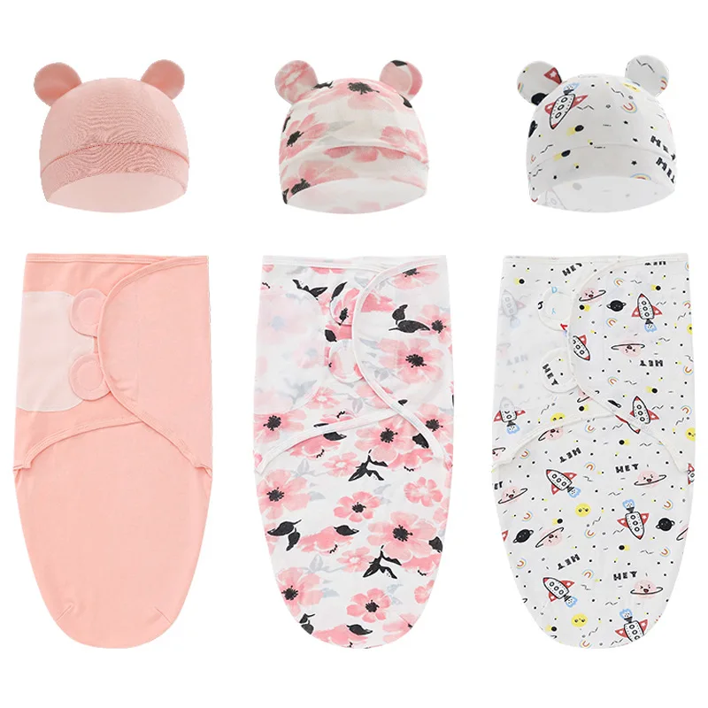 

2pcs/set 0-6 Month Cotton Sleepsack Baby Swaddle Blanket Wrap Hat Set Infant Adjustable Newborn Sleeping Bag Muslin Blankets