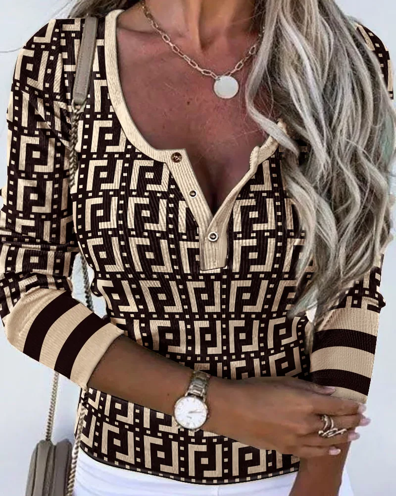 

Блузка Женская Осенняя с принтом, V-образным вырезом и длинным рукавом