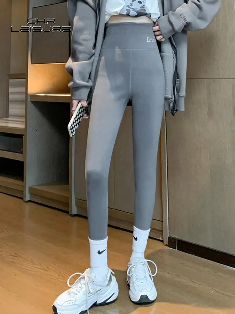 CHRLEISURE High Waist Warm Leggings Women Outer Wear Winter Thick Velvet Long Pants Embroidery Slimming Female Pencil Pants