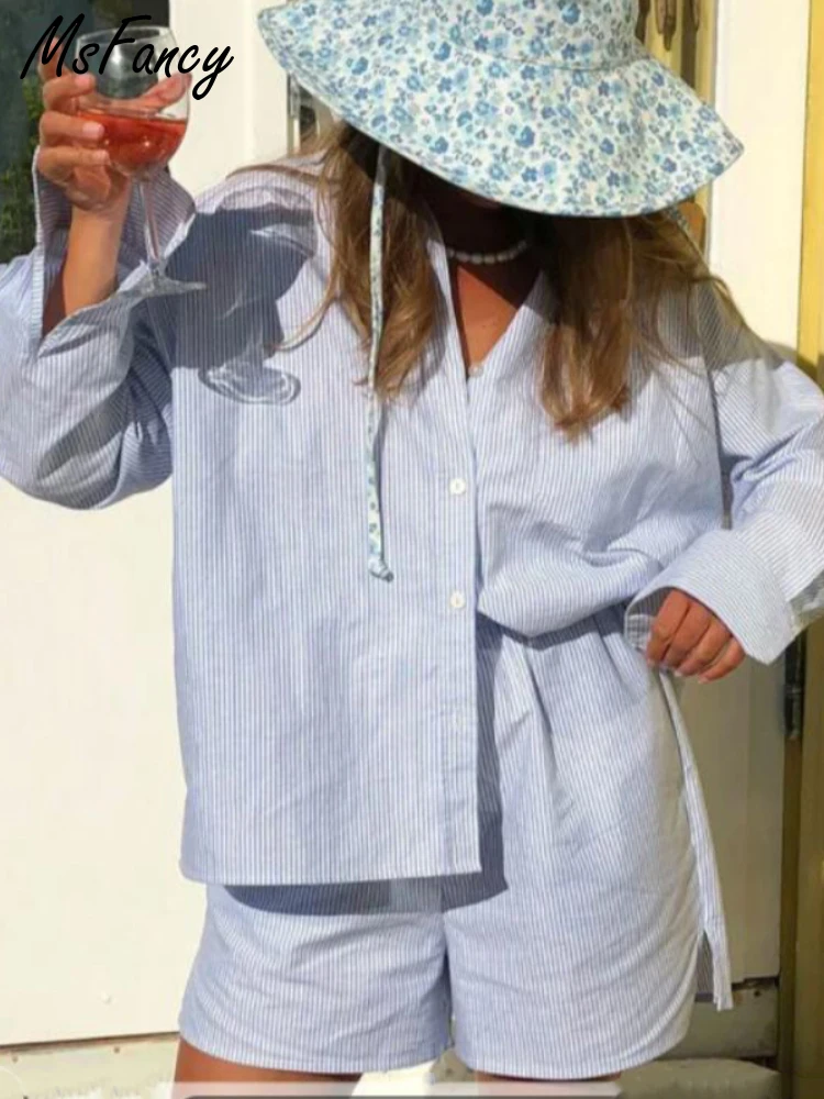 Рубашка Msfancy короткие комплекты женская рубашка с длинным рукавом пижама синие