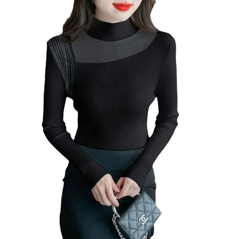 2024 зимний вязаный топ с высоким воротником свитер в полуполо сетчатая пряжа