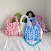 hand knitted coarse wool ladies handbag casual solid cotton woven crossbody bag girls chain bag