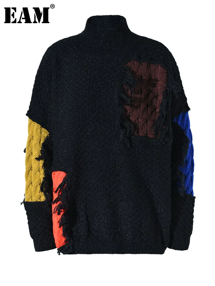 

[EAM] черный вязаный свитер большого размера с кисточками, водолазка с длинным рукавом, женские пуловеры, новая мода осень-зима 2022 1DF276601