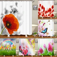 beautiful flower tulip rose butterfly shower curtain bathroom curtain printed waterproof polyester fabric curtain for bathroom