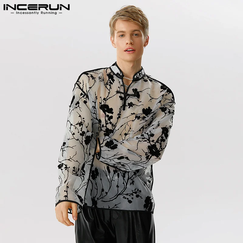 

INCERUN Tops 2023 Chinoiserie Men's Thin Printing See-through Mesh T-Shirts Casual Standing Collar Button Long Sleeve Tees S-5XL