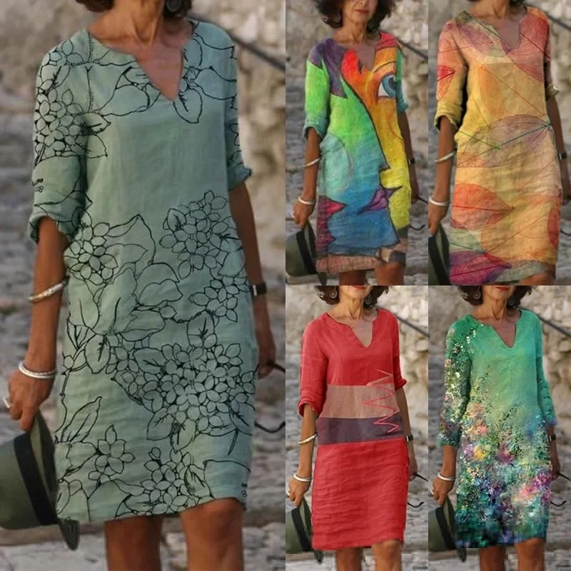 2023 S-3XL Fashion Women Summer Casual Printing  V-Neck Half Sleeve A-Line Female Retro Litera Vintage Loose Dress