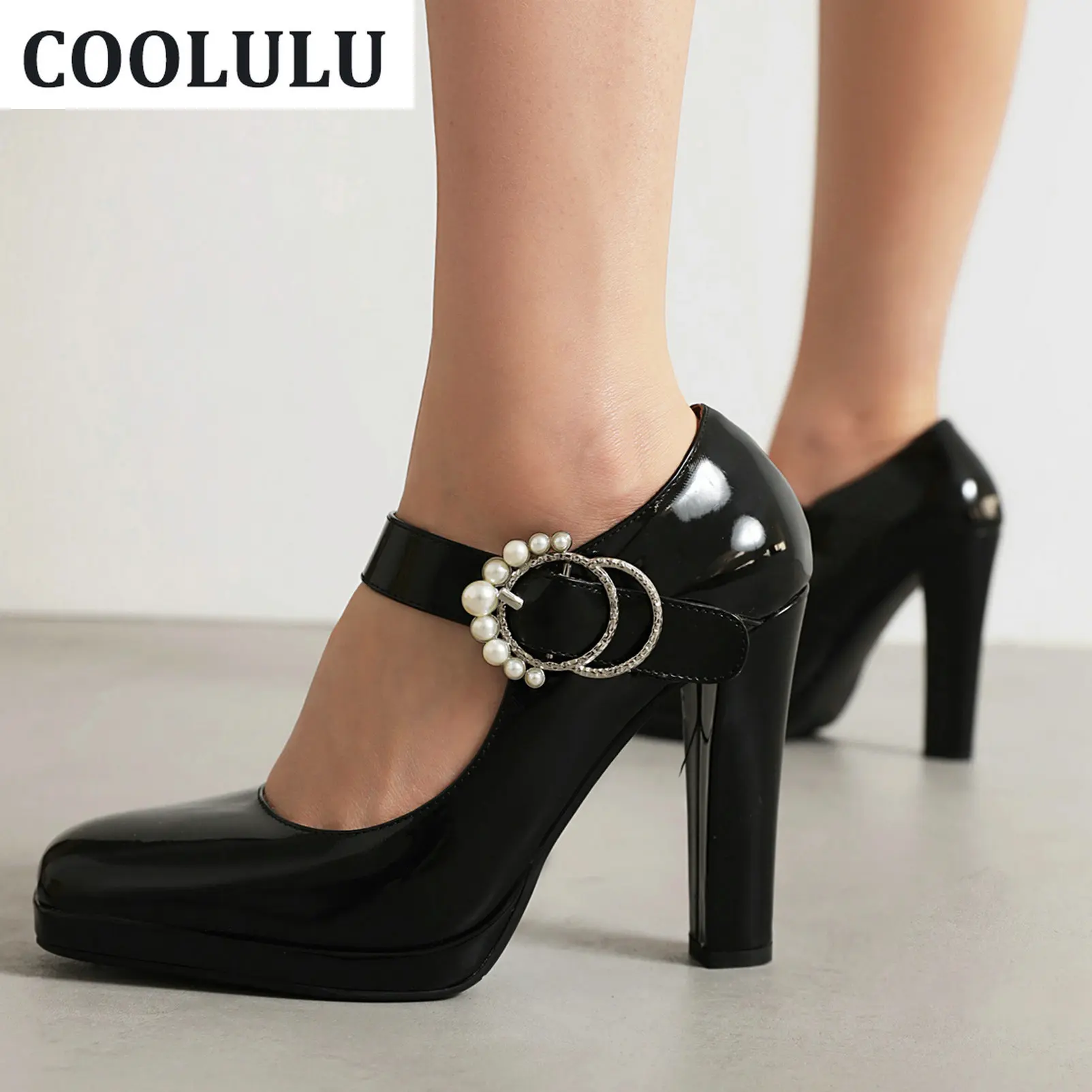 

COOLULU лакированная кожа высокий каблук Мэри Джейн квадратный носок Preal туфли для женщин замша Мэри Джейн Платформа платье обувь