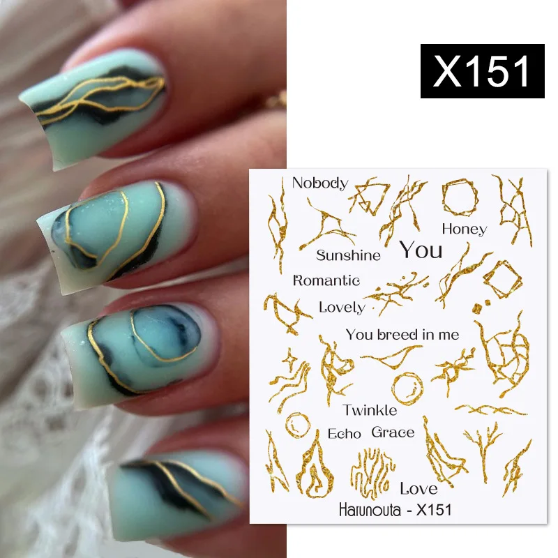 

Harunouta 3D Nail Stickers Silver Heart French Tips Gold Geometric Lines Simple Water Decal Gel Nails Sliders Art Manicure Decor
