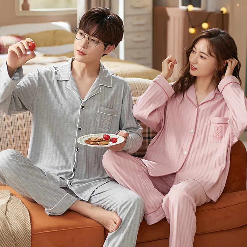 

Couple pajamas women's long-sleeved Korean version solid color cotton cute men's simple autumn and winter home wear