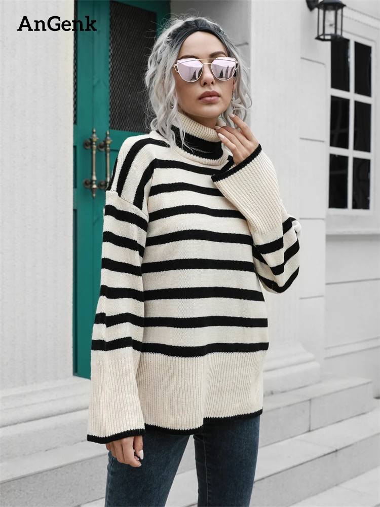 

Loose Split Striped Women's Turtleneck Sweaters Pullover Autumn Women Long Sleeve Knit Sweater 2022 Winter Warm Female Pullovers