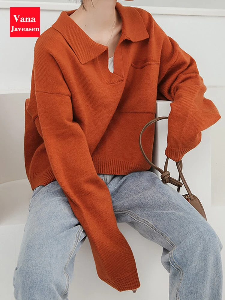 

Polo Collar Autumn Winter Sweater Women's 2022 Cotton Loose Thick Pullover with Pocket Ladies Long Sleeve Sweater Famale Jumper