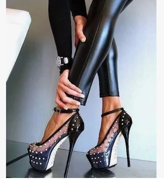 

Hot Women Rivet High Heels Shoes Fashion Sexy Rivets Footwear With Clear Word New 2022 Fish mouth platform stiletto heels