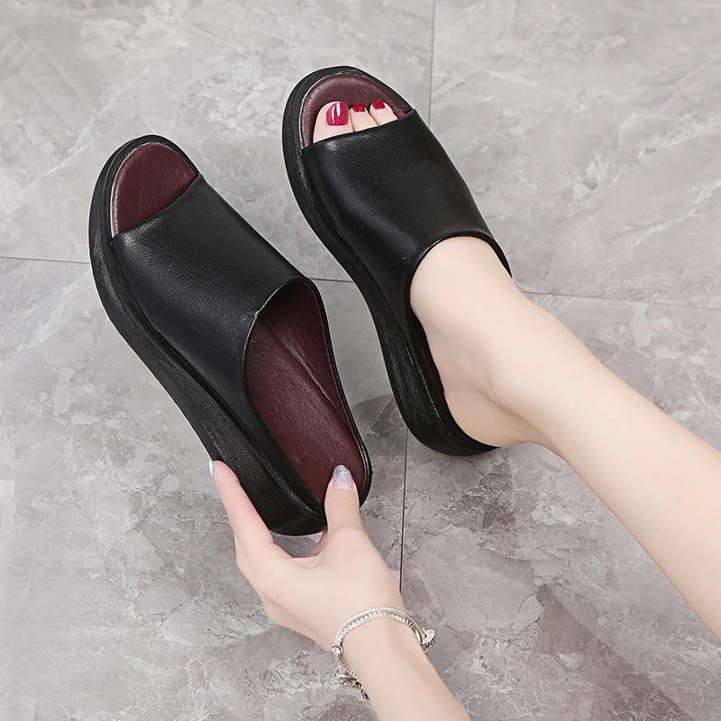 Slippers Women Summer 2023 New Ethnic Style Wedge with Fish Mouth One Word Drag Cake Thick Bottom Women's Shoes Large Size