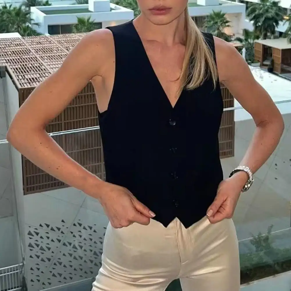 

Summer Women Vests V-neck Sleeveless Waistcoat Single Breasted Small Pockets Slim Fit Solid Color Cropped Vest Coat Workwear
