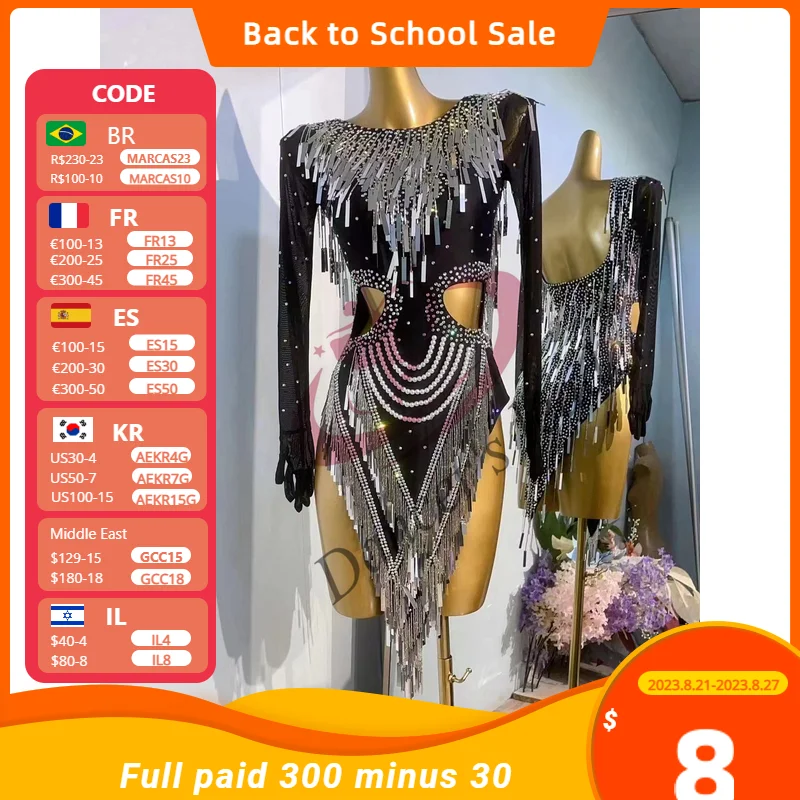 

Latin dance Dress High end Custom Mesh Ribbon Diamond Sequins Tassel Dress Chacha Tango Stage Professional Clothing