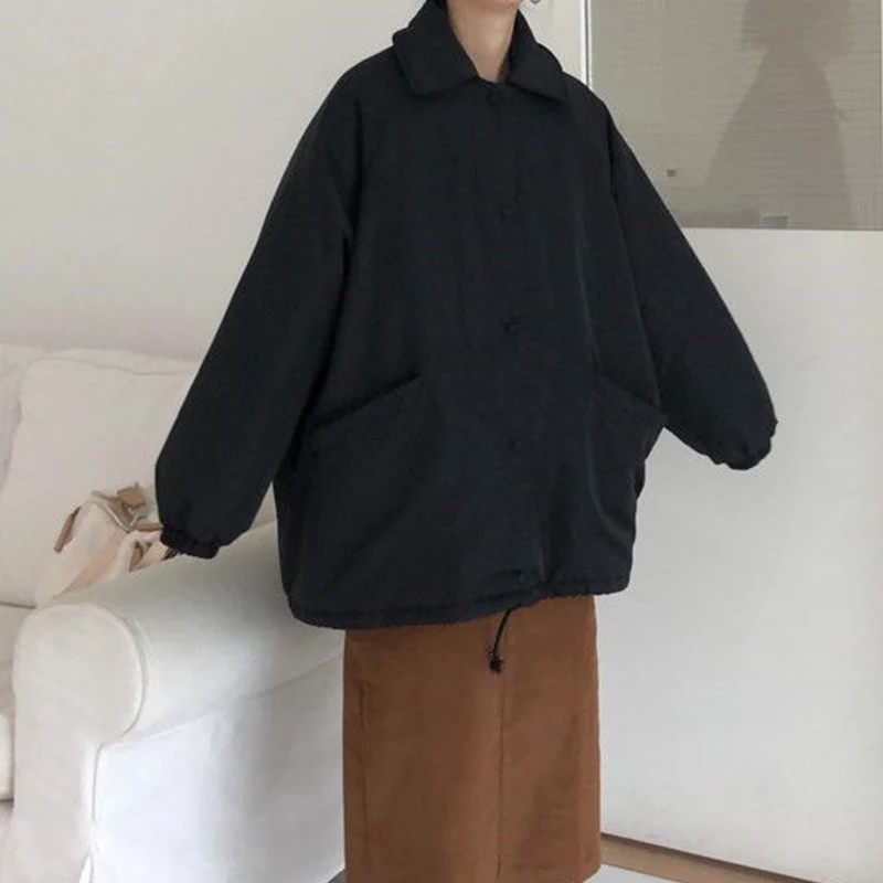 Thicken Solid Parkas Woman College Style Loose Long-sleeved Single-breasted Cotton Coat Fashion All-match Outerwear 2022 New