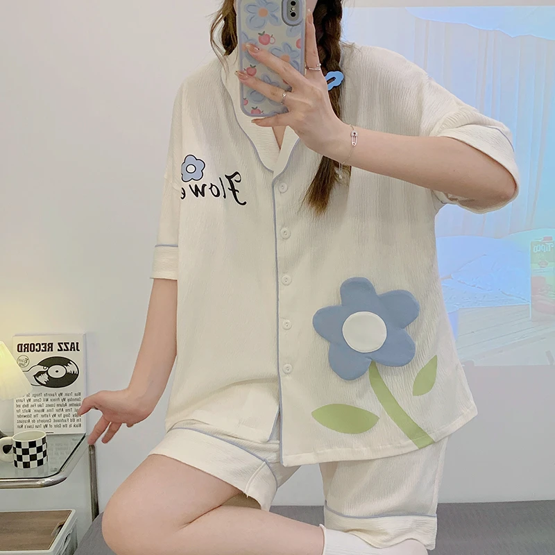 Summer Women Pajama Sets Adult Flower Printing Sleepwear Cotton Short Sleeve Pyjama Pour Femme Sweet Girl Homewear Pijama