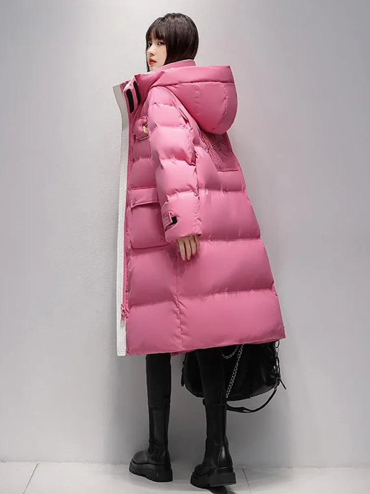 Duck Mid-Length Down jacket Women Contrast Color Korean Sle Thick Loose Slimming over the Knee Outerwear 2024 Winter N...