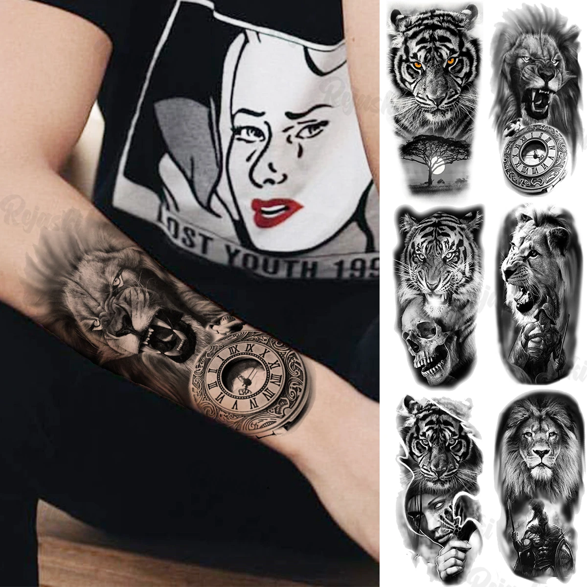 

Black Lion Compass Temporary Tattoos For Women Men Realistic Tiger Forest Skull Knight Fake Tattoo Sticker Forearm Body Tatoos
