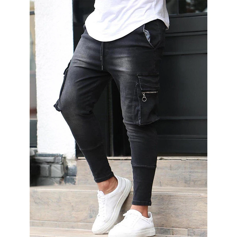 2023 Men's Denim Overalls Multi-Pocket Straight Leg Pants Solid Color Black Blue Spring And Autumn Leisure Sports Jean Cargo