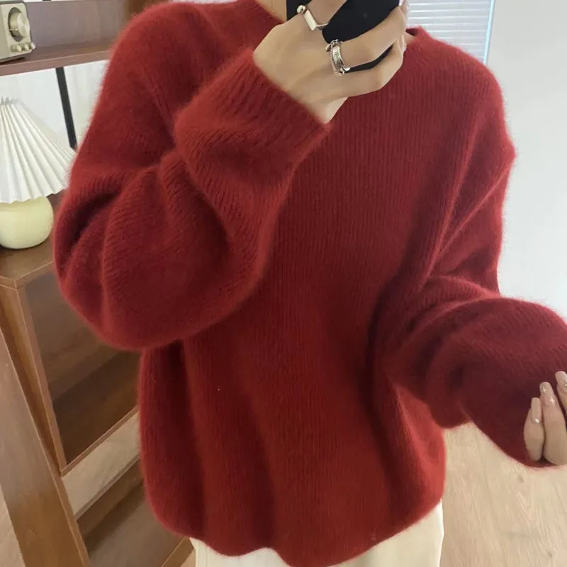 

Round neck cashmere sweater for women's autumn and winter 2023 new 100% pure wool sweater for women's knitting loose oversized p