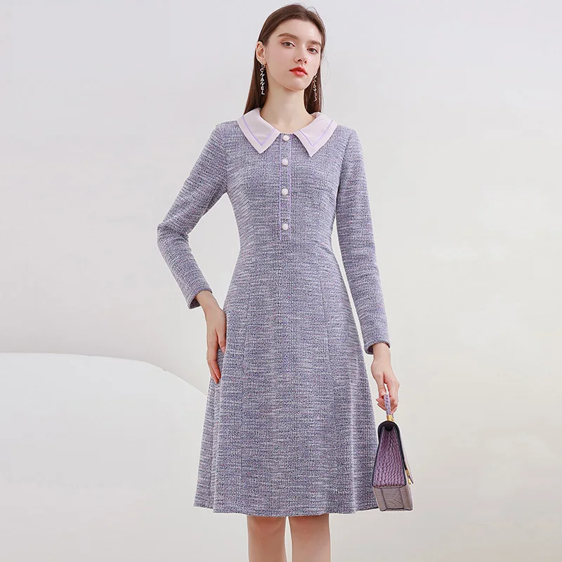 

Elliexi Purple Tweed Dress Autumn And Winter Peter Pan Collar Slim Long Sleeve Dresses Simple Office Lady England Style Robe