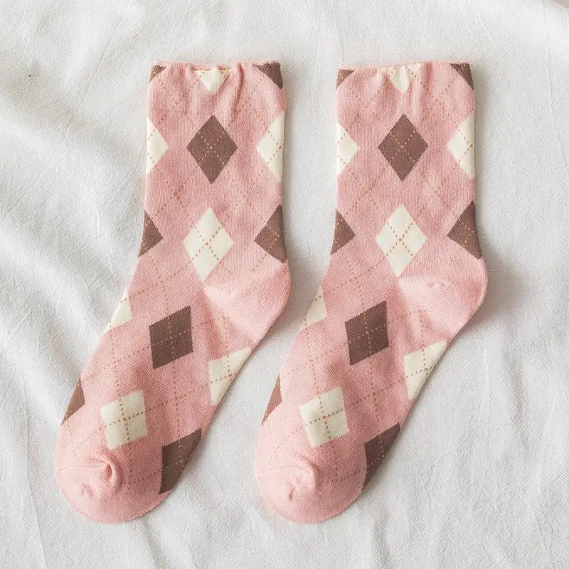 5 Pairs Korean Japanese Cute Kawaii Cartoon Women Socks Ins Student Colorful Diamond Plaid Casual Tube Socks