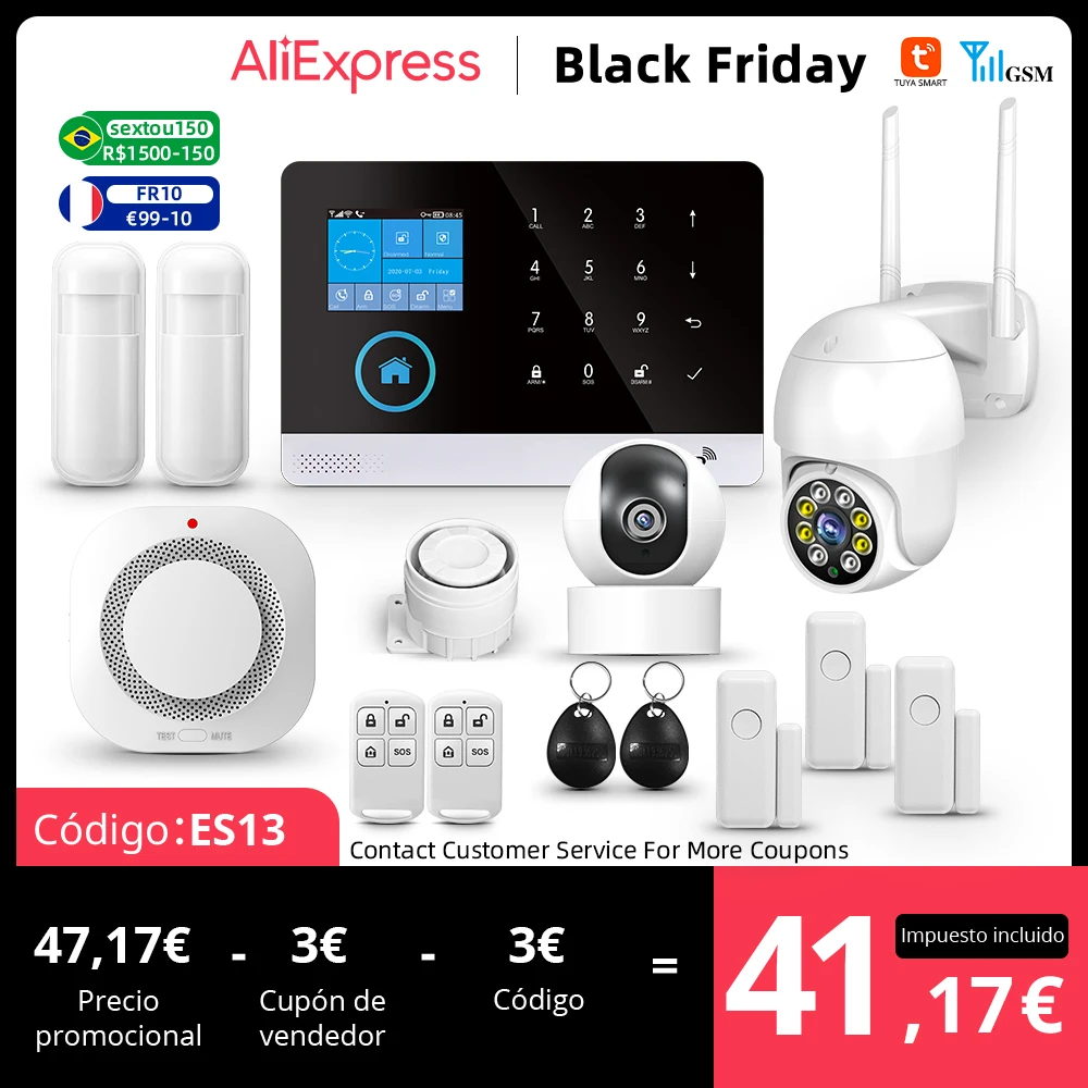 Wireless WIFI GSM Home Security Alarm System For Tuya Smart Life APP With Motion Sensor Detector Compatible With Alexa & Google