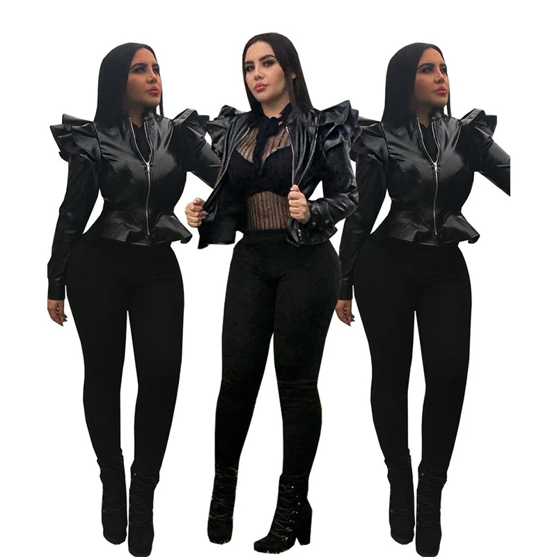 

Fashion Casual Womens Ruffled Leather Coat Solid Faux Fur Coat Women Jacket