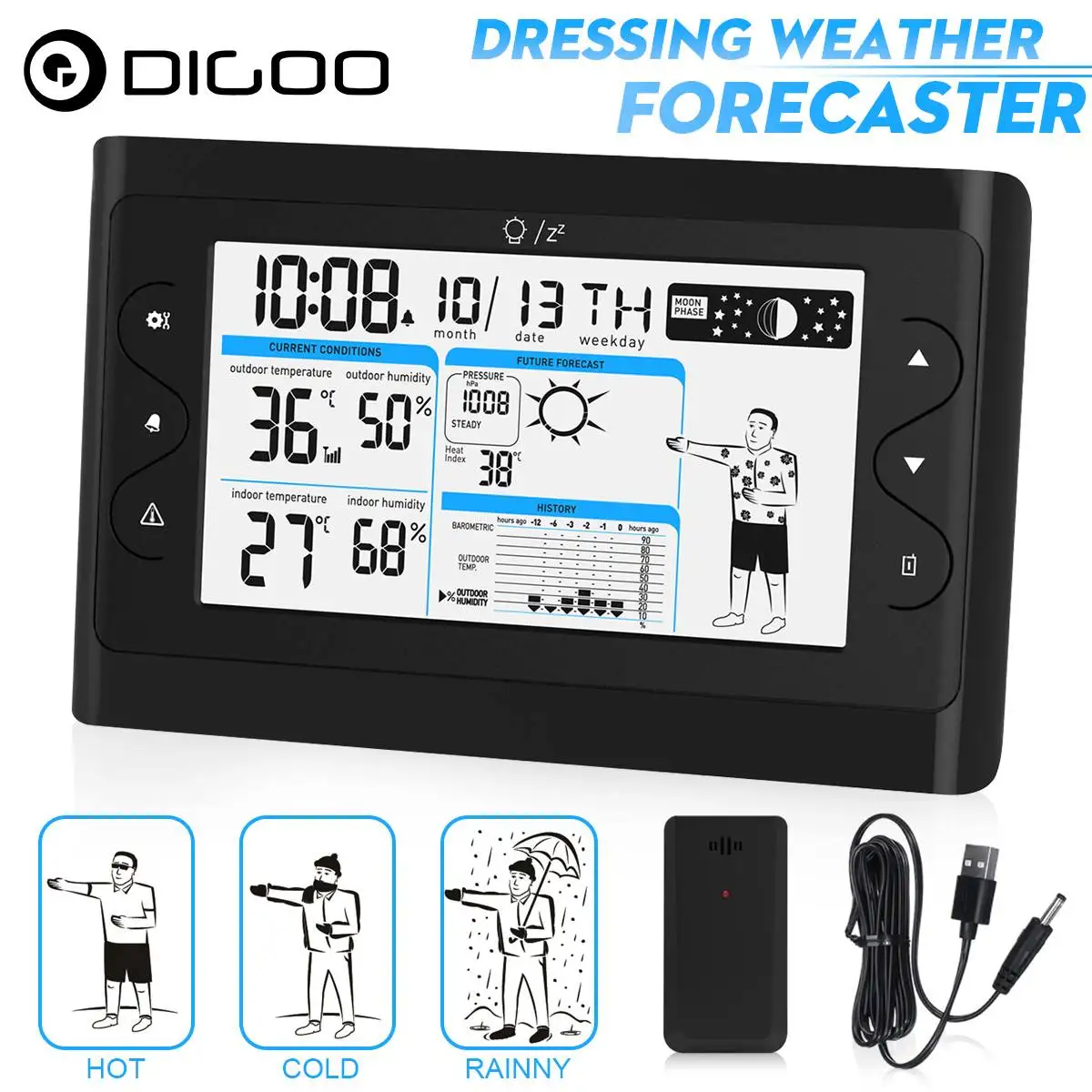 

Digoo Weather Station Outdoor Indoor Thermometer Hygrometer Temperature Humidity Barometric Display Alarm with Snooze Function