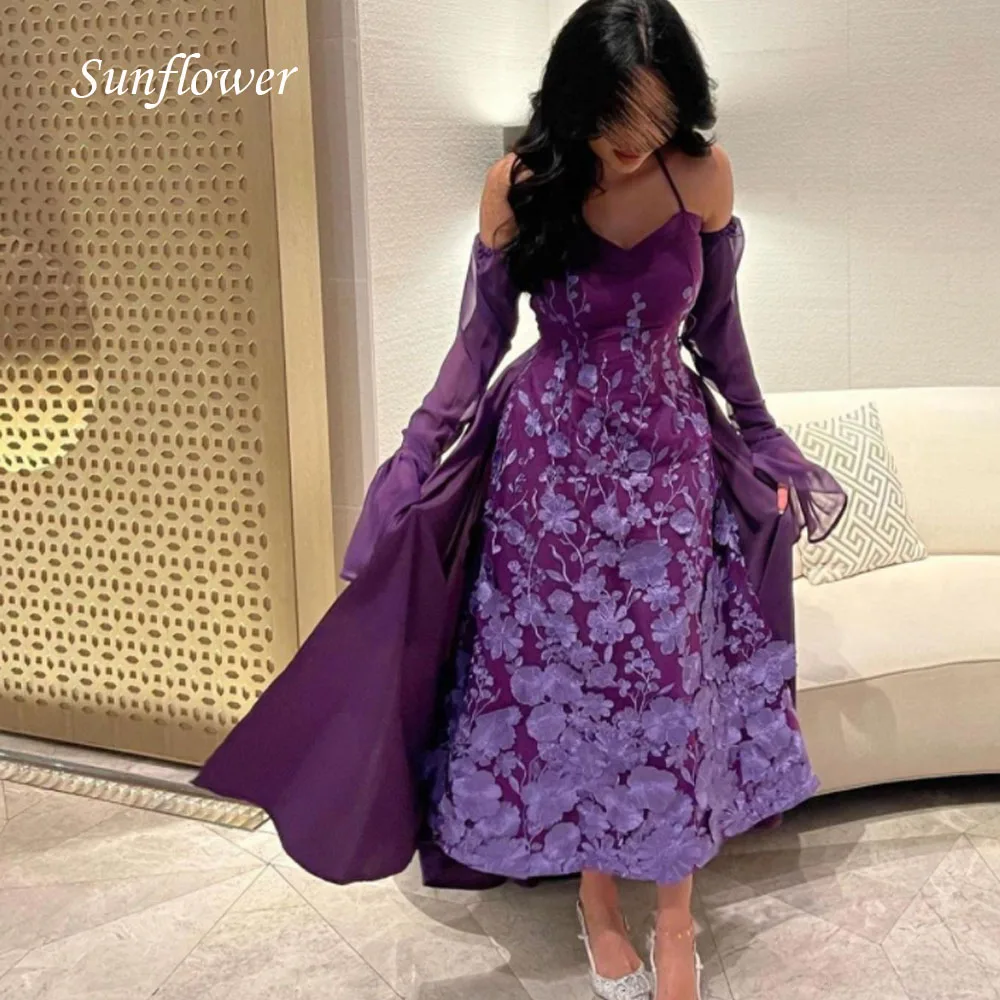 

Sunflower Simple Purple Embroidery Lace Applique Evening Dress 2023 Slim Three Quarter Sleeve Arabic A-LINE High-end Custom Gown