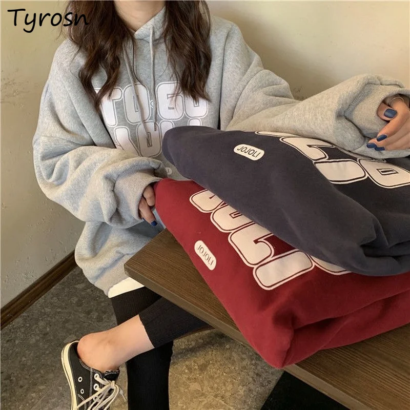 

Hooded Hoodies Women Ulzzang Print Simple Preppy Students All-match Thickening Vintage American Style Chic Streetwear Clothing