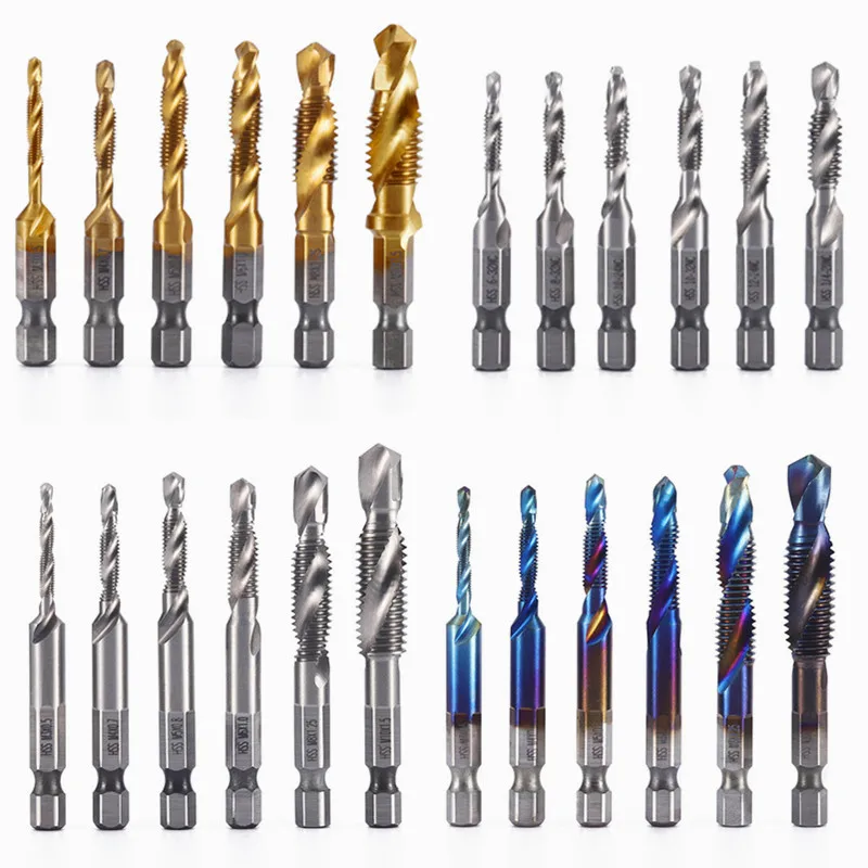 

New Titanium Plated Hex Shank HSS Screw Thread Metric Tap Drill Bits Screw Machine Compound Hand Tools M3 M4 M5 M6 M8 M10