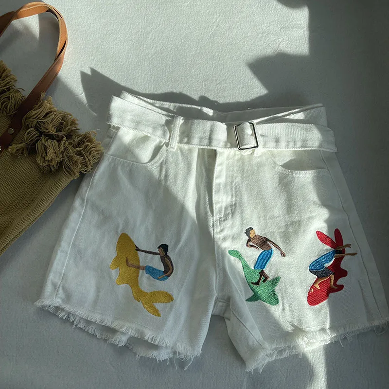 Women Embroidered Vintage High Waist White Short 2023 Summer Vacation Beach Wear