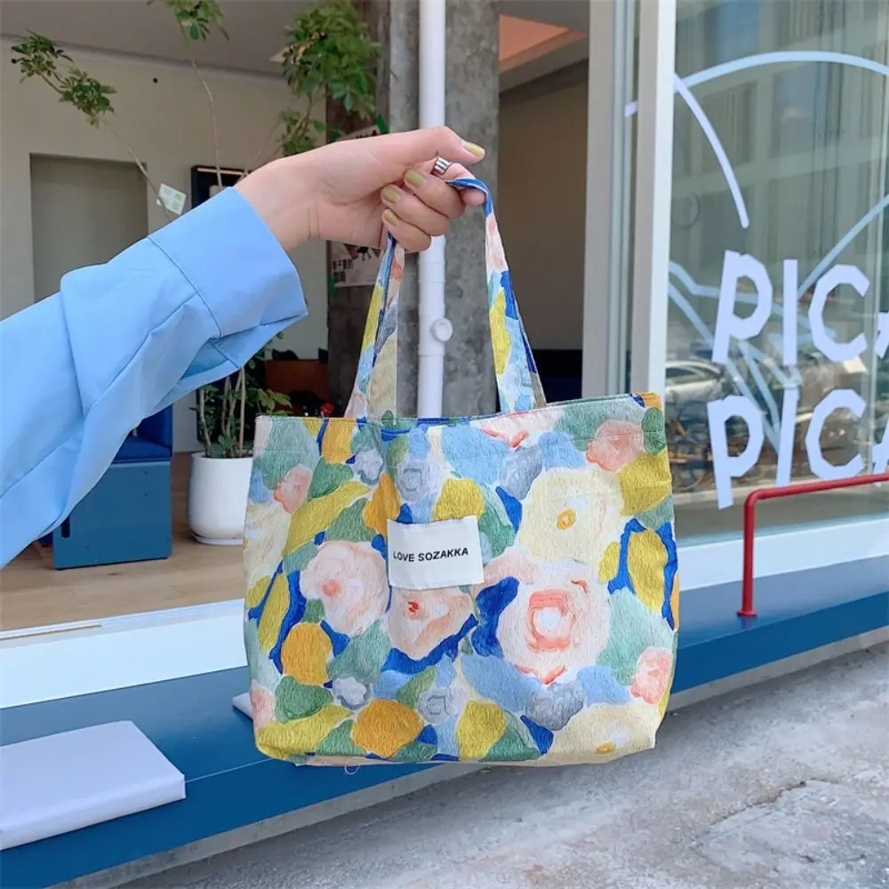 Oil Painting Floral Canvas Tote Bag Vintage Ins Style Tulip Japanese Style Multifunctional Shopping