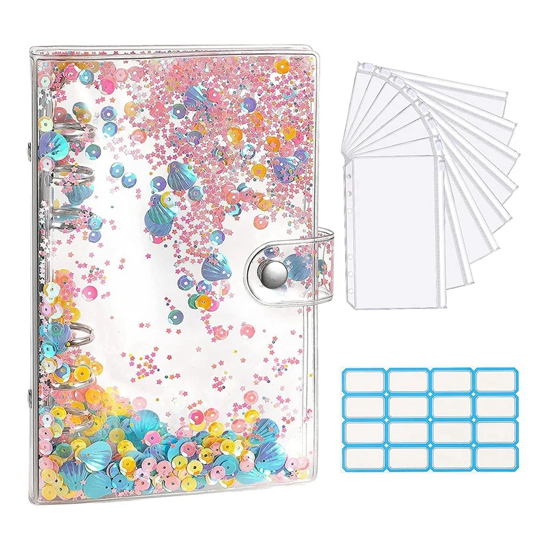 

A6 Budget Binder Cover With Sequins,Clear PVC Notebook Binder Refillable Binder Cover With Binder Envelope Pockets