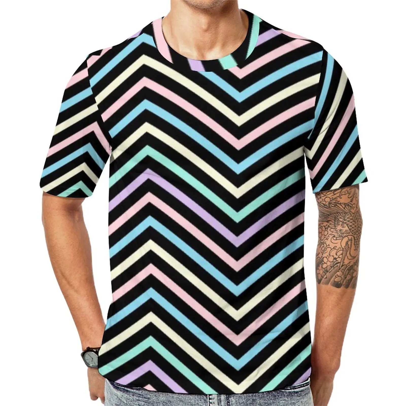 

Colorful Nordic Lines T-Shirt Man Pastel Zig Zag Print Classic T Shirts Summer Trendy Tee Shirt Short-Sleeve Oversized Clothing