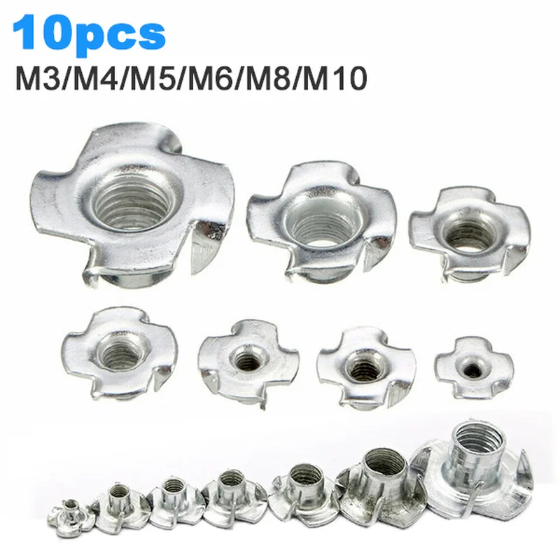 

10PCS M3/M4/M5/M6/M8/M10 T Nuts Blind Inserts Carbon Steel Four Pronged Nut carpentry tools For wooden Fasteners