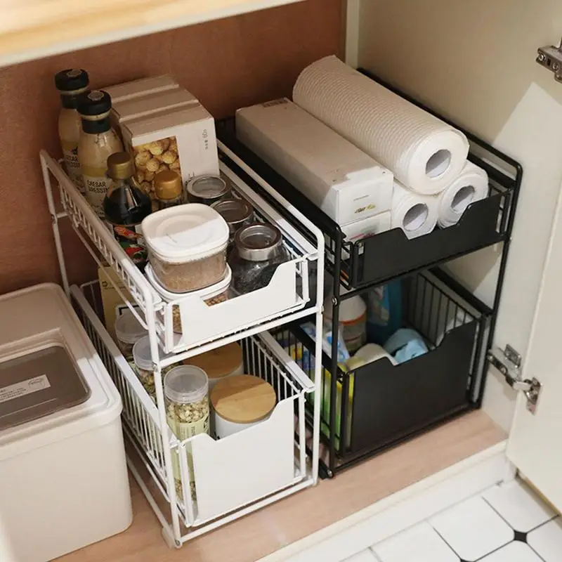 

Sliding Cabinet Basket MultiPurpose 2 Tier Cabinet Organizer Stackable Kitchen Organizers Under Sink Storage Basket With Drawer