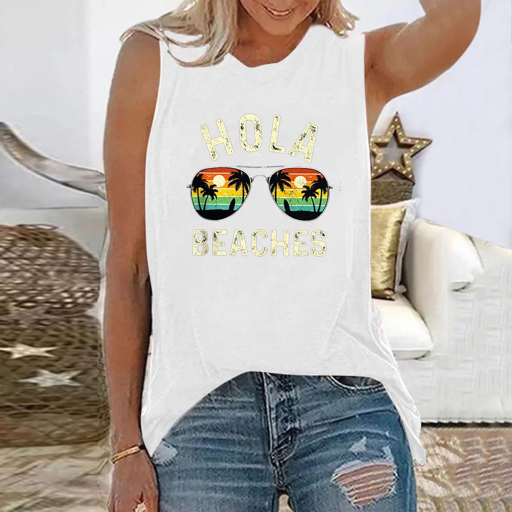 

Seeyoushy HOLA BEACHS Casual Vacation Women's Top Summer Sleeveless O-neck Women's T-shirt Fun Printed Y2K Aesthetic Streetwear