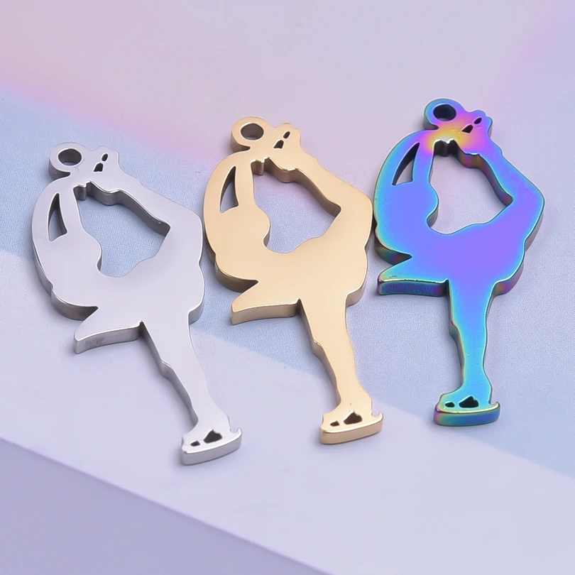 

6pcs/lot Figure Skating Women Jewelry Stainless Steel Rainbow Gold/Silver Color Pendants Charm for Jewelry Making Finding Craft