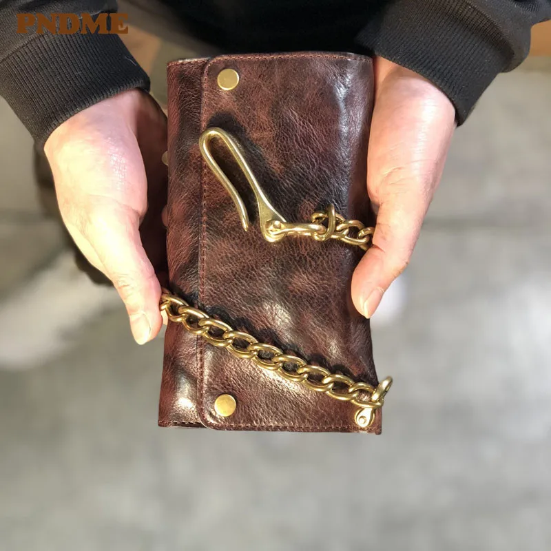 Fashion retro genuine leather men's long clutch wallet casual natural cowhide multi-card holder women phone three-folding purse