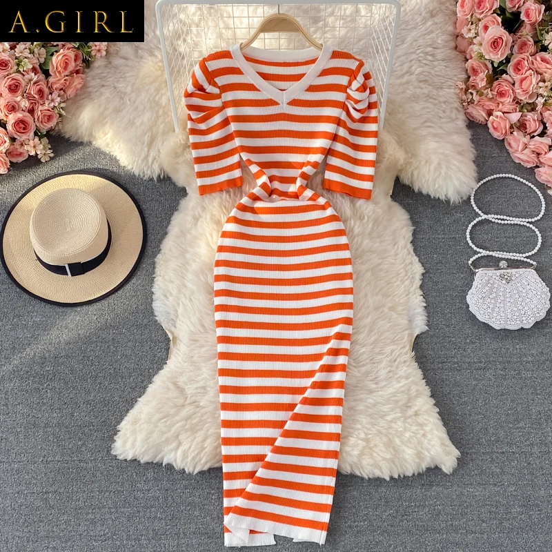 

A GIRLS 2022 New Summer Women Knitted Dress Korean Chic V Neck Puff Sleeve Dresses Fashion Office Lady Striped Vestidos Femme