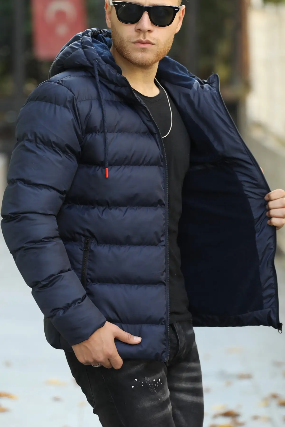 Men's Navy Blue Fleece Waterproof And Windproof Inflatable Winter Coat